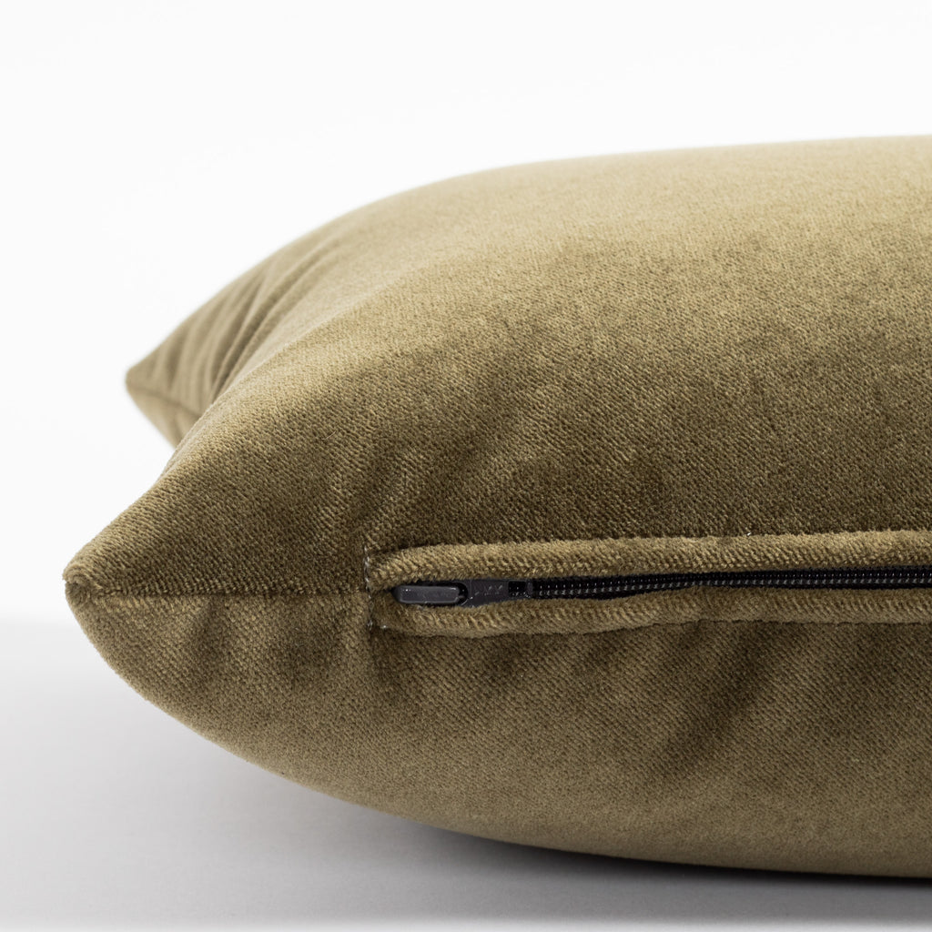 a velvet balsam green lumber pillow - zipper detail