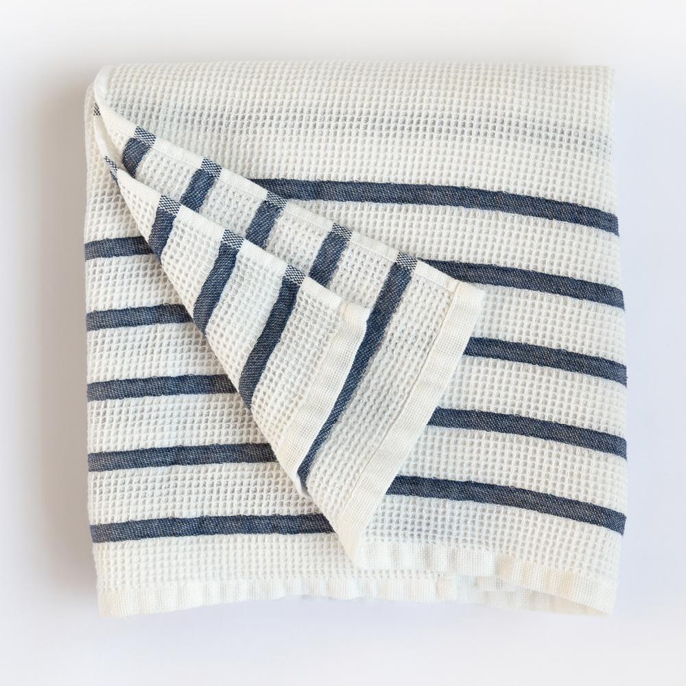 Waffle towel with washed navy stripe by Tonic Living