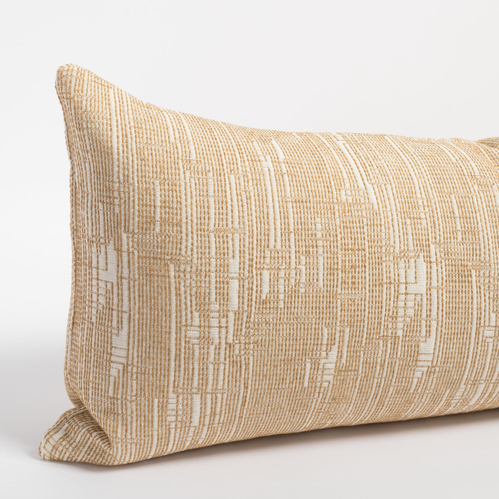 Alder Sisal Bolster Pillow, a mustard yellow and cream abstract stitched pattern long bolster pillow : close up