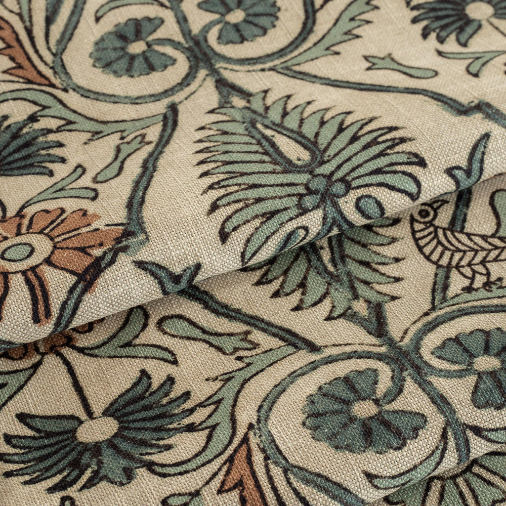 a brown, aqua, beige floral vine block print pattern fabric