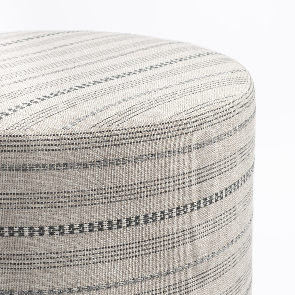 Anya Biscuit cream and charcoal gray stripe performance fabric round ottoman : view 2