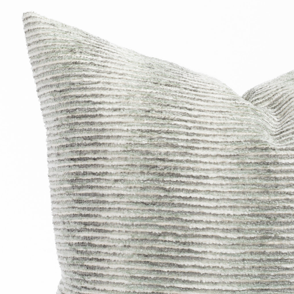 a soft cream, aqua green and grey chenille stripe throw pillow : close up view
