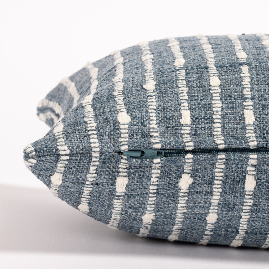chambray blue and white stripe lumbar pillow : close up zipper view