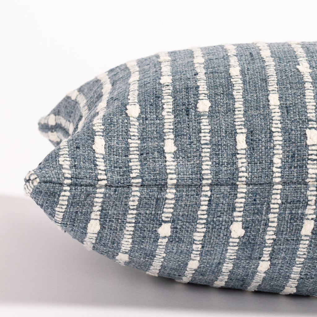 blue and white striped lumbar pillow : close up side view