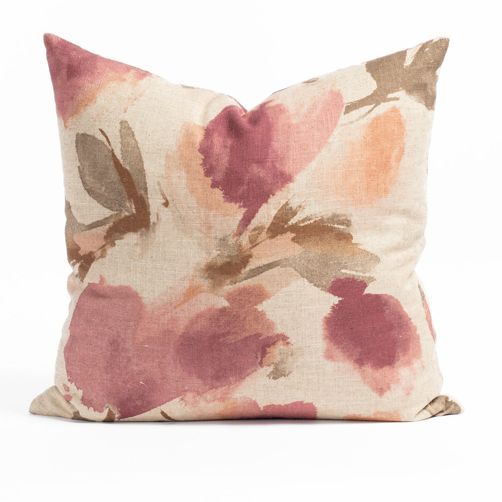 Aubrey 20x20 Blush Pillow, a painterly abstract floral print throw pillow in raspberry pink, coral, brown and tan from Tonic Living