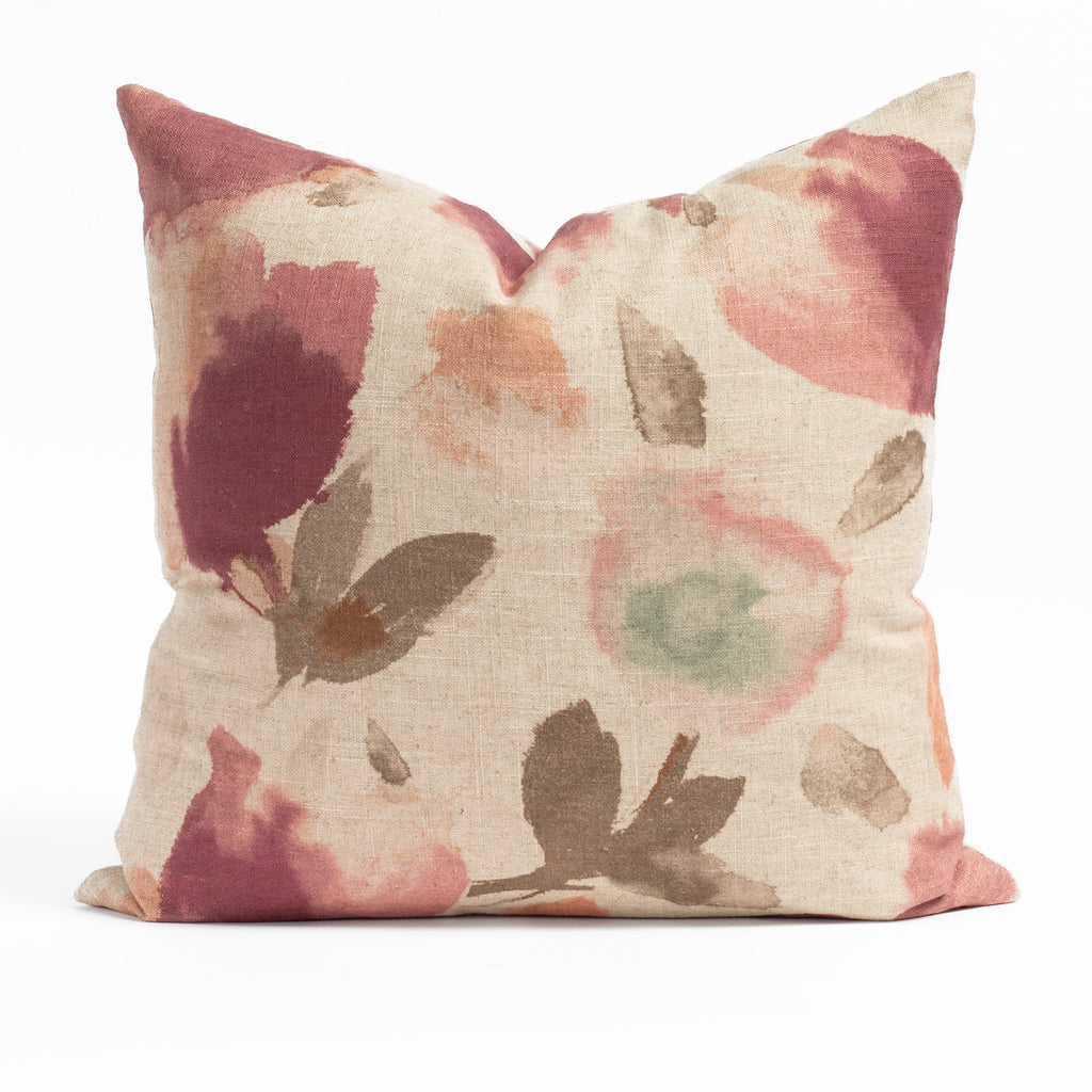 a raspberry pink, coral, aqua, brown and tan painterly abstract floral print throw pillow from Tonic Living