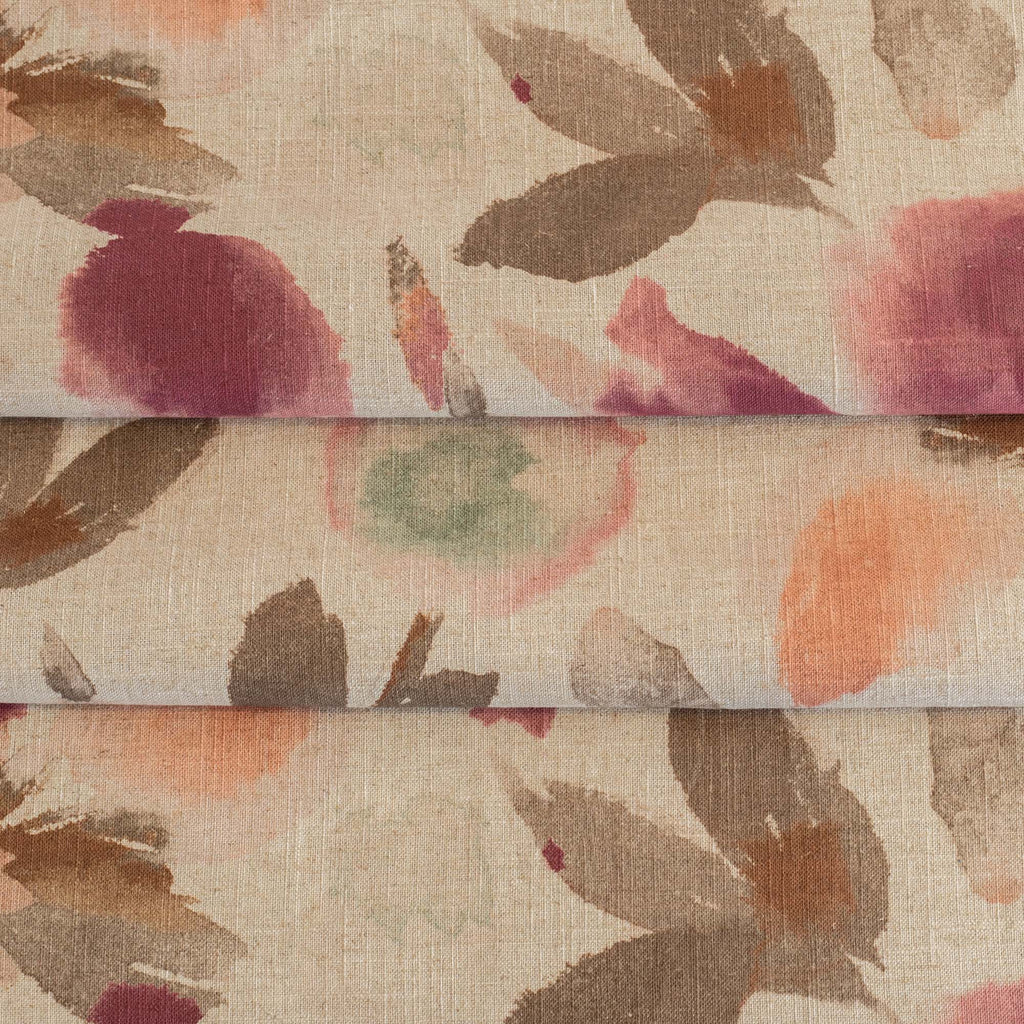 a painterly floral print fabric in an earthy pink, coral, aqua and brown 