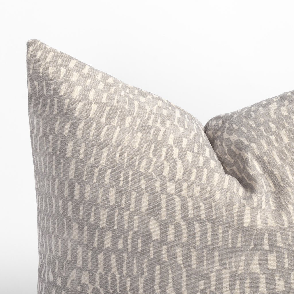 Avareno 20x20 pillow silver, a light grey and sandy beige small scale abstract print pillow : close up corner detail