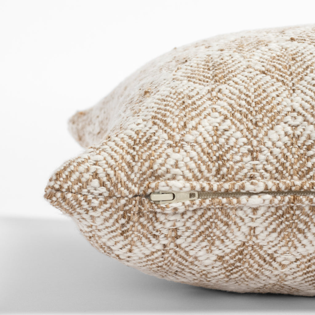 neutral beige and cream pattern lumbar throw pillow : zipper detail 