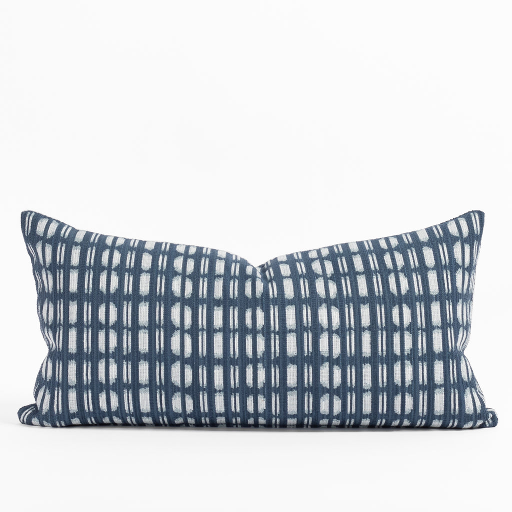 Calima Indigo blue and white ikat patterned lumbar pillow from Tonic Living