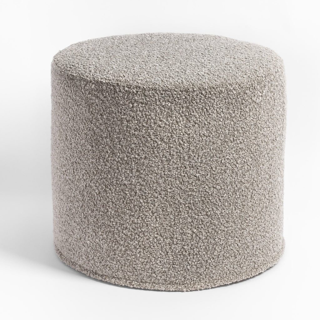 Cambie Boucle Silver Mink Ottoman, a warm gray boucle fabric round ottoman from Tonic Living