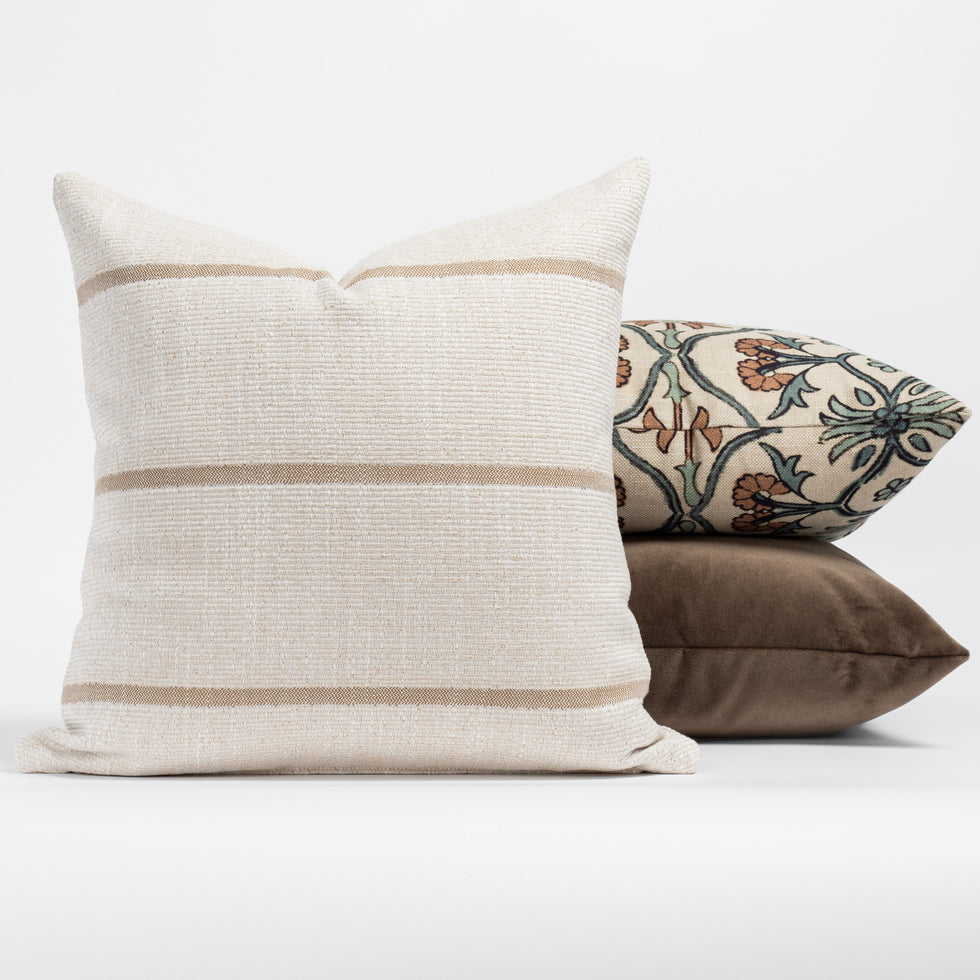 Irma Throw Pillow, 22 Inch Stripe Pattern, Beige Cotton Linen Blend