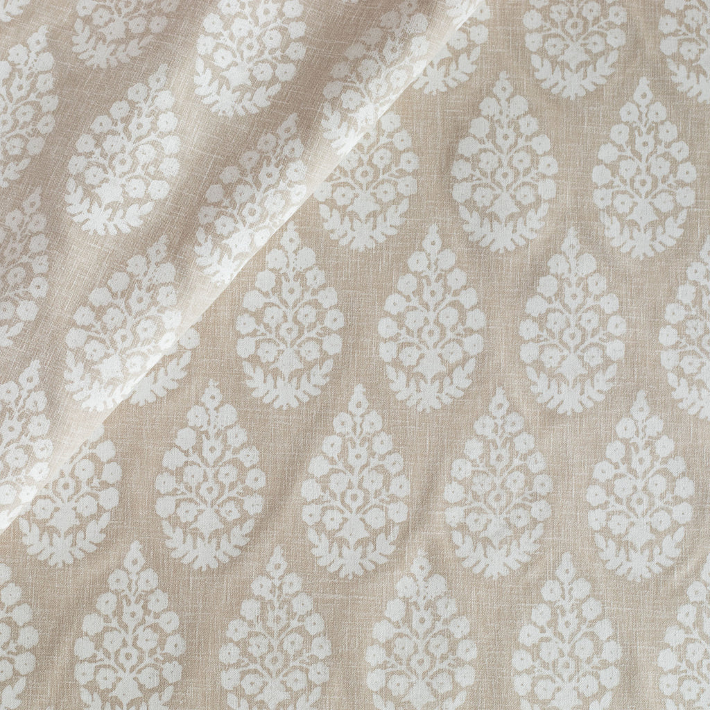a white and beige floral block print home decor fabric