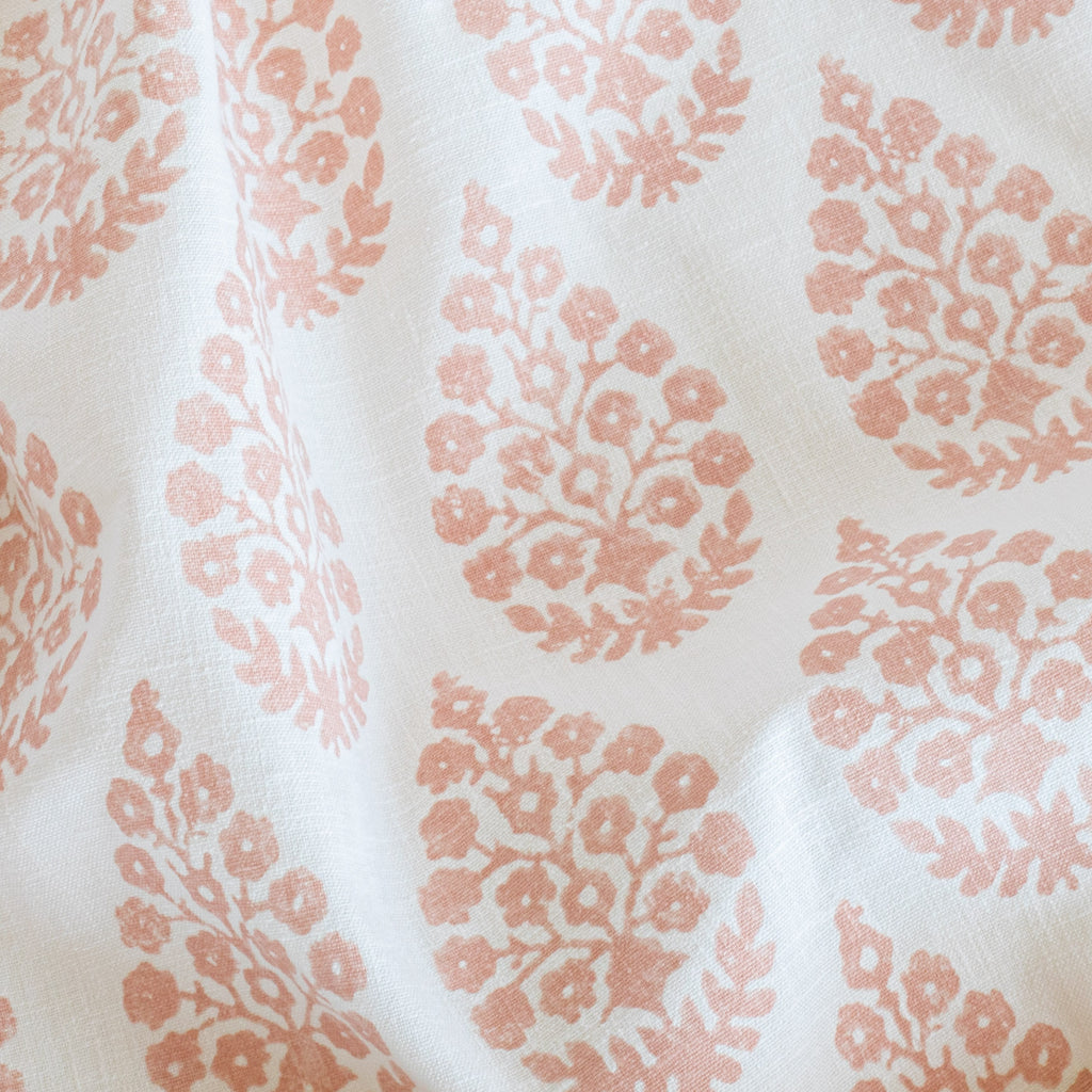 Chandra Fabric Blush Pink, a white with pink floral block print motif drapery fabric : view 3