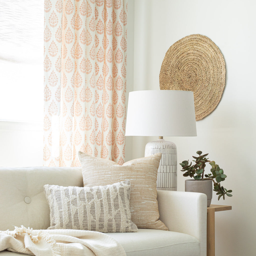 designer textured pillows and printed drapery from Tonic Living
