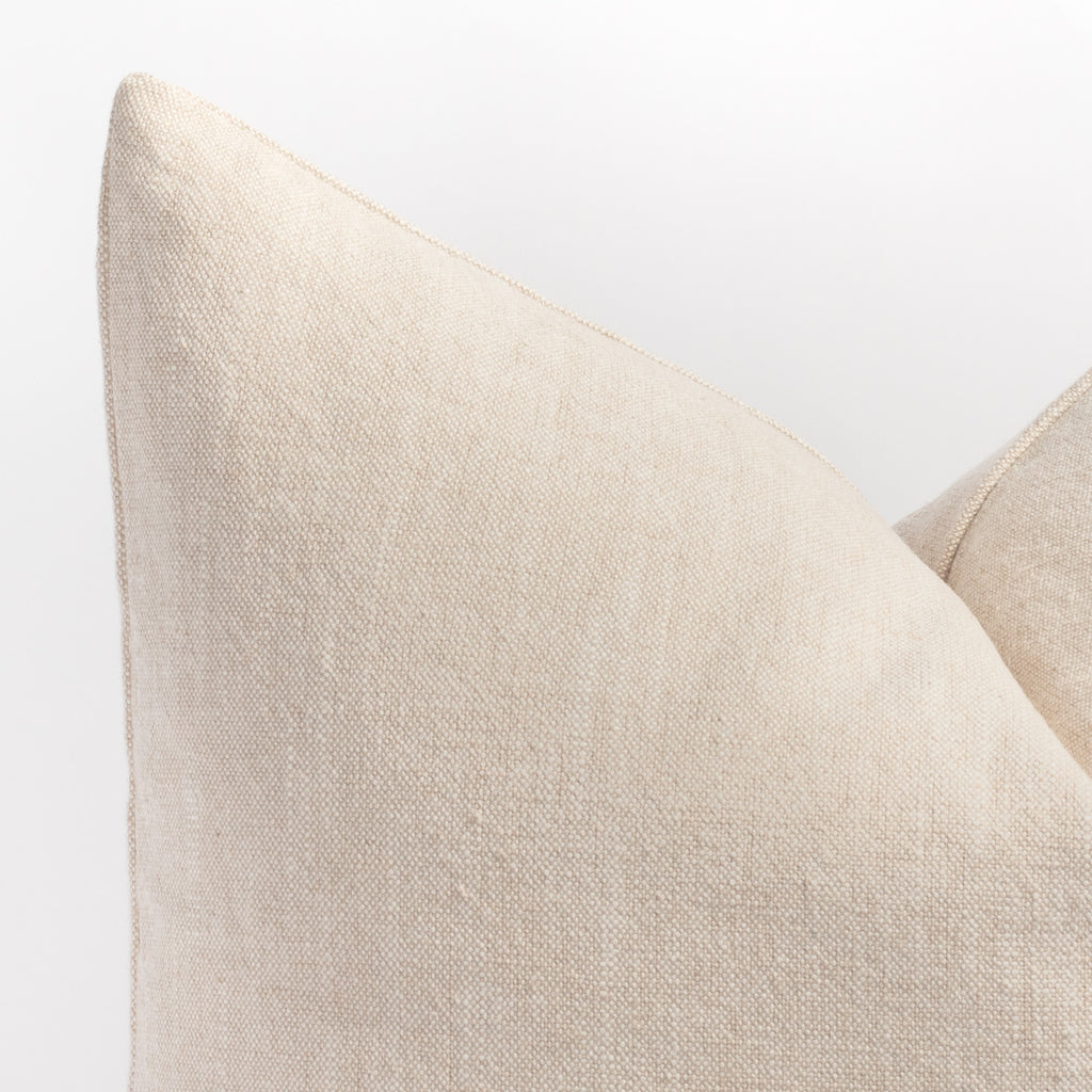 Cleary Twine Pillow, a light sandy beige washed linen cotton pillow : close up of corner