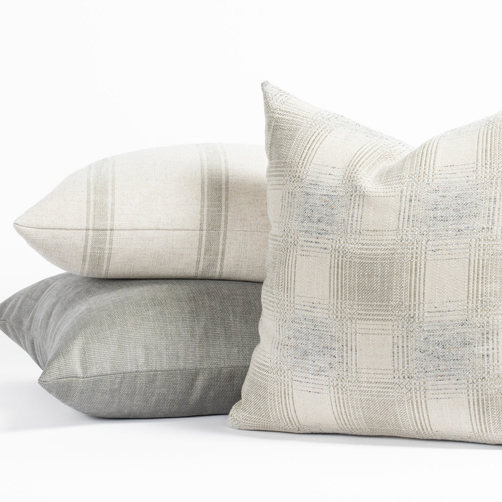 modern farmhouse inspired throw pillows in muted cool light grey and blue tones : Theo Lake, Remy Silver Lake and Cove Seaside pillows