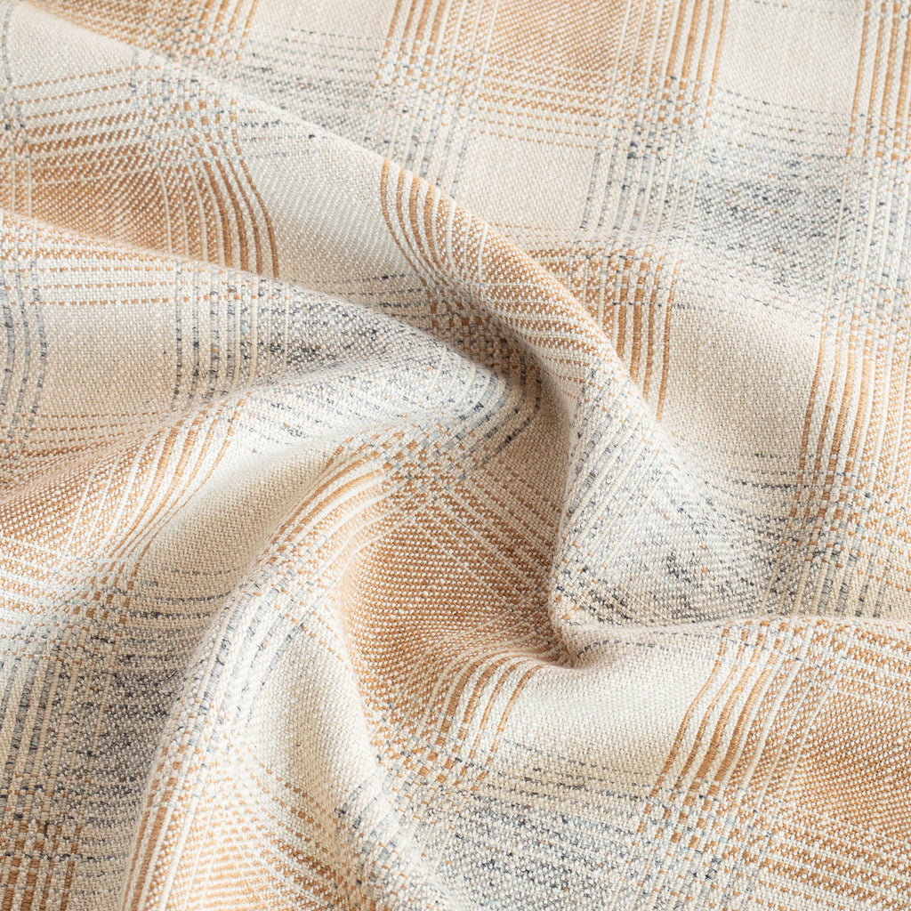 Cove Terracotta Fabric, an earthy cream, orange and denim blue plaid upholstery fabric from Tonic Living