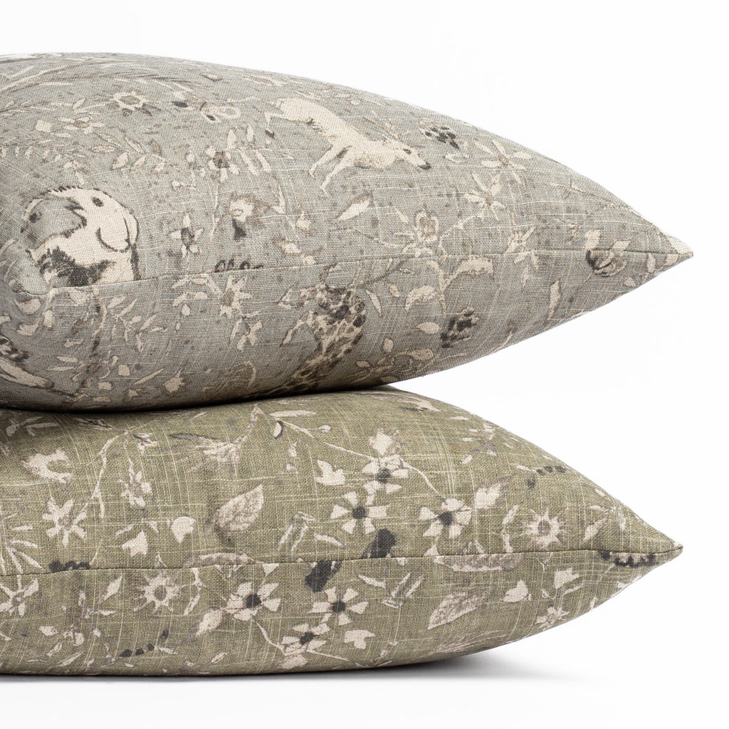 Cyprus vintage flora and fauna print throw pillows in grey and moss green