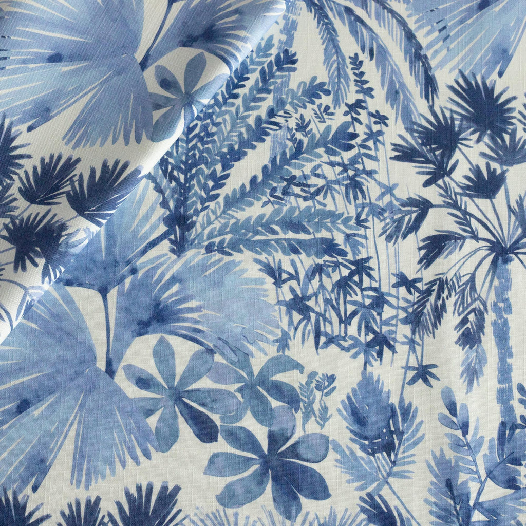 Daintree Azure Blue painterly palm leaf print cotton fabric from Tonic Living
