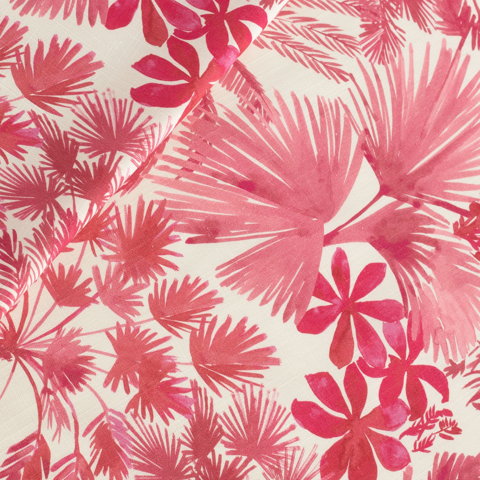 Daintree Hot Orchid painterly pink leafy print cotton fabric from Tonic Living