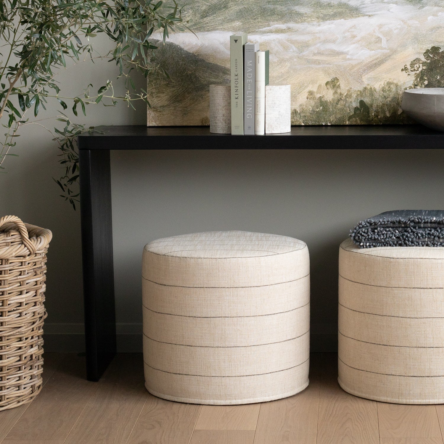Beige striped tound ottoman, made high performance fabric, from Tonic Living.
