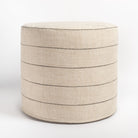 Dunrobin Round Ottoman Burlap, a beige with black stripe fabric round ottoman : front view