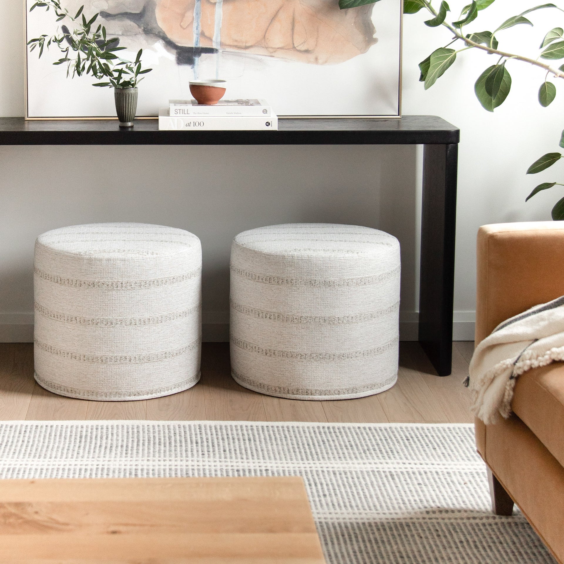Durado Stripe 18x16 Round Ottoman, Natural – Tonic Living