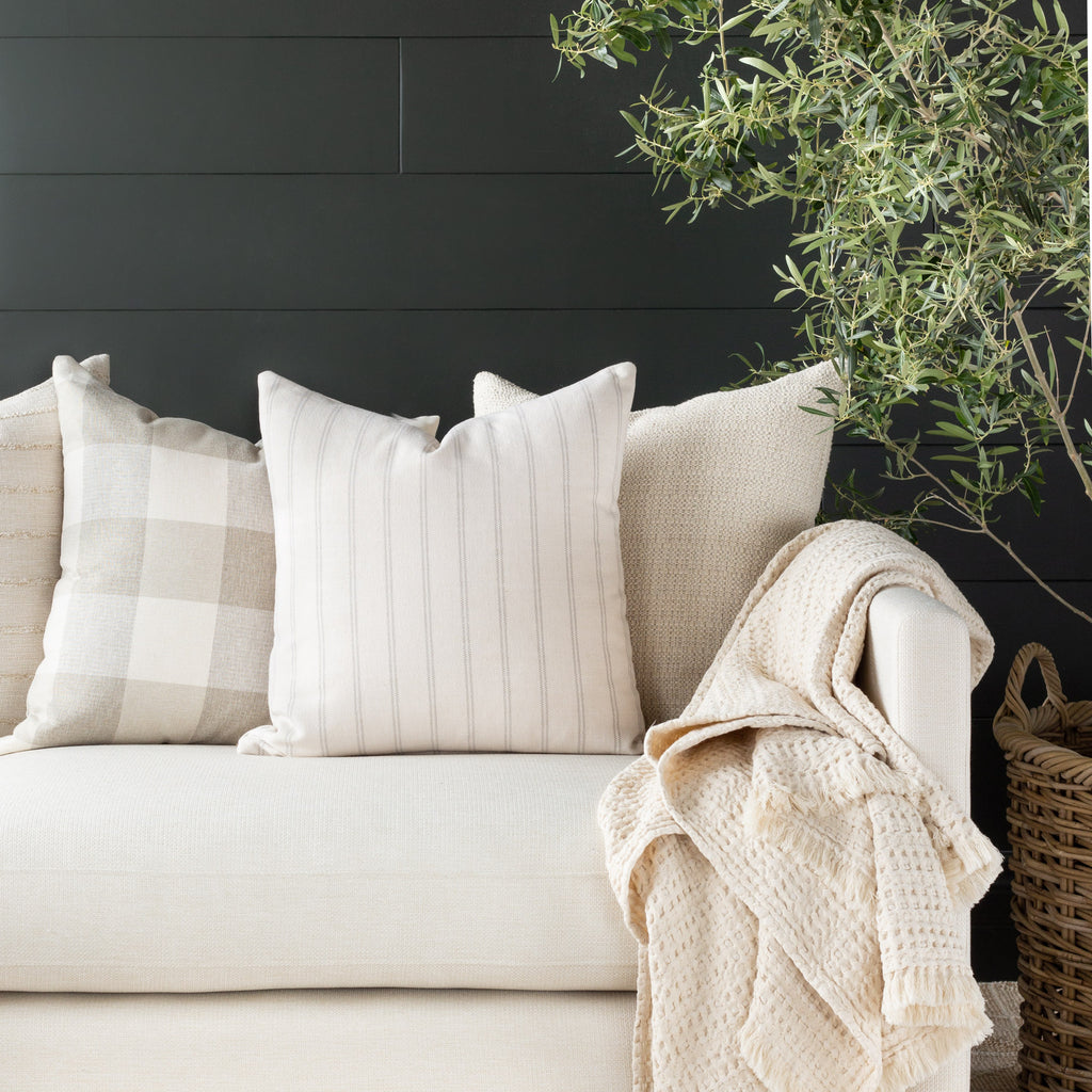 neutral pillow combination: Farina Stripe birch, Cottage Check and Milly Vanilla pillows