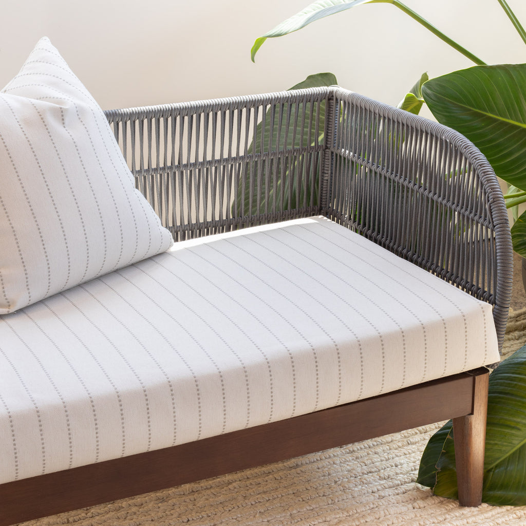 Fontana cream and beige stripe indoor outdoor fabric bench cushion and pillow
