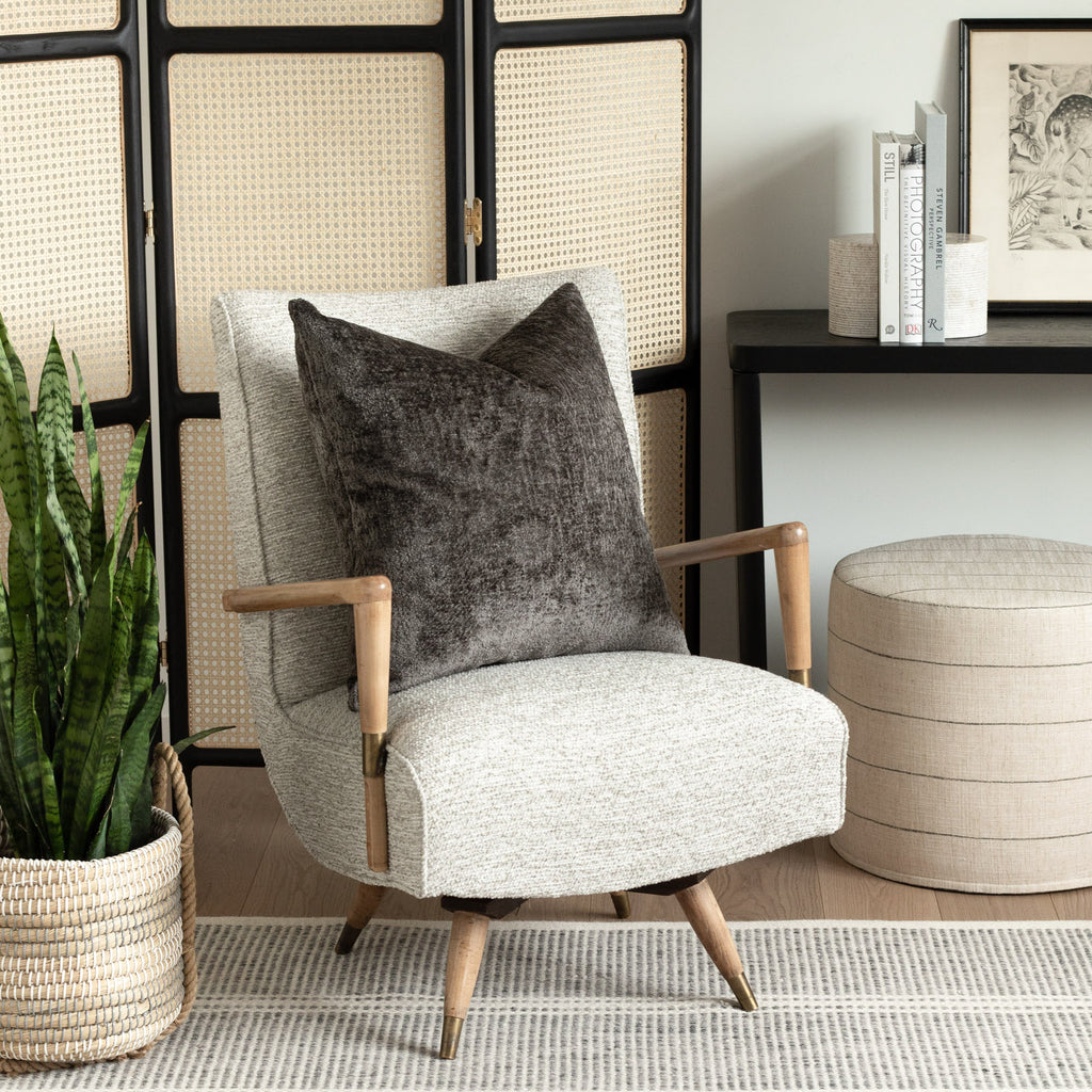 Tonic Living neutral home decor: Ginsberg pewter velvet pillow, Natura Linen upholstered chair, Dunrobin burlap and charcoal stripe round ottoman