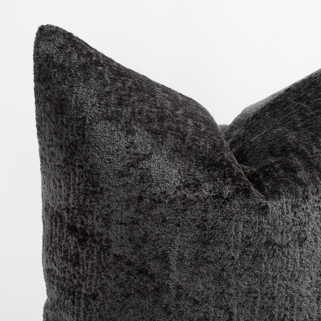 Ginsberg Velvet 22x22 Pillow Pewter, a charcoal gray velvet pillow : close up of corner
