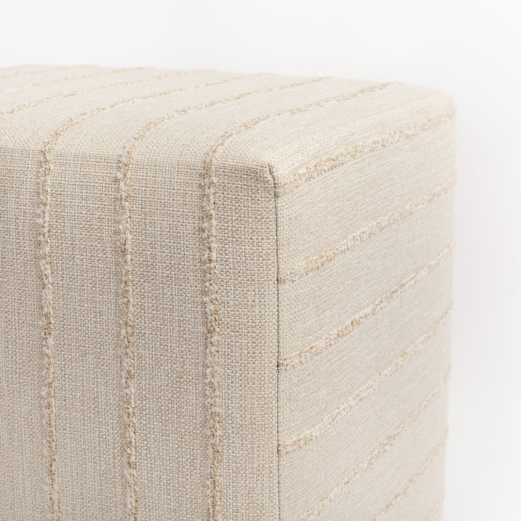 Handlavet 16x16 Cube Ottoman, Raffia: a high performance fabric, creamy straw colour, tonal stripe ottoman : close up corner