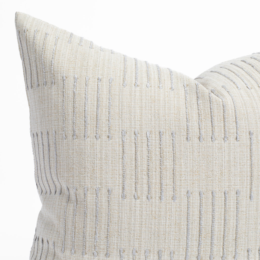 Harlow Desert Sand, a sandy cream pillow with dove gray dashes : close up 