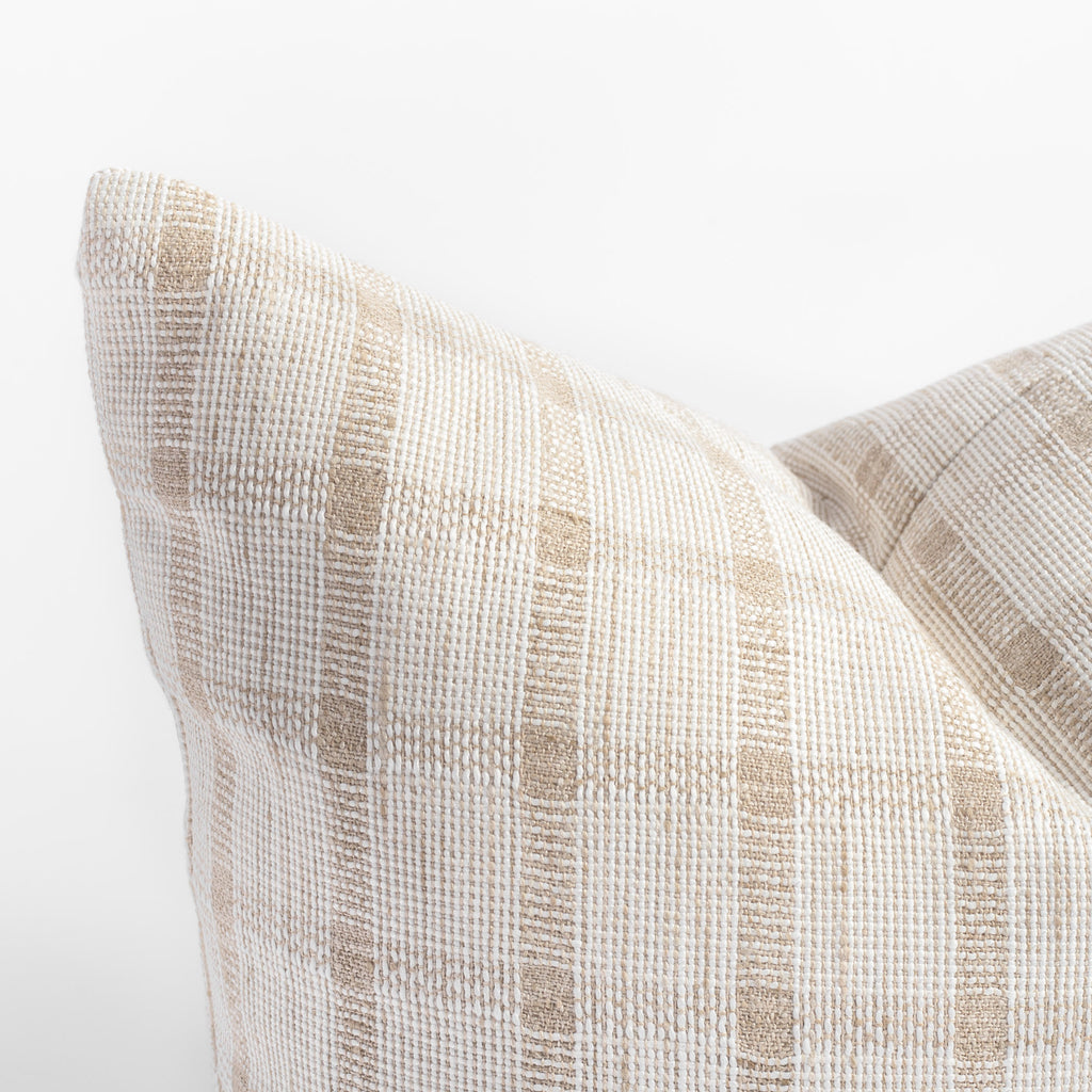 white and natural beige plaid check throw pillow close up view
