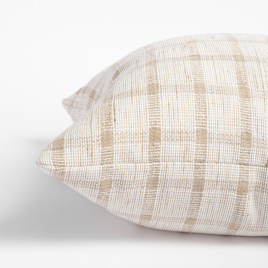 white and natural beige plaid check throw pillow detail view