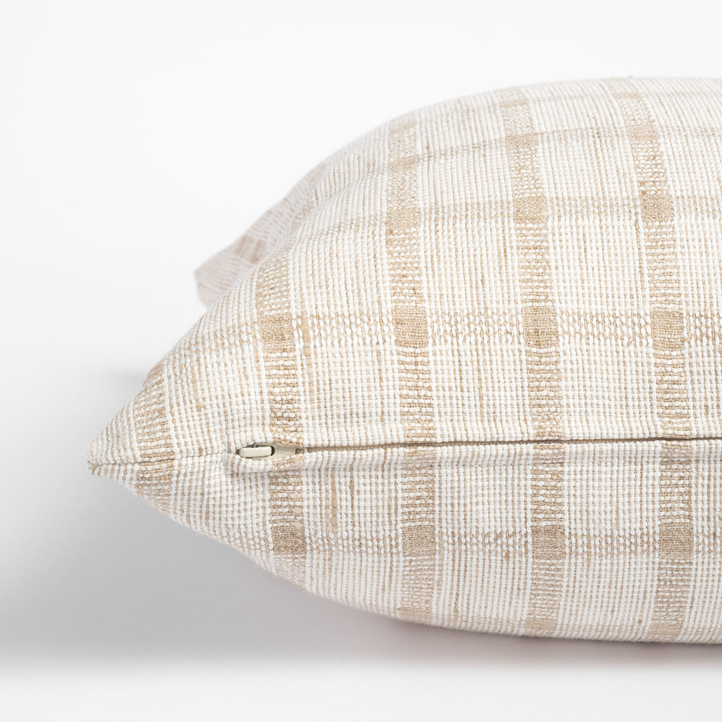 white and natural beige plaid throw pillow zipper detail 