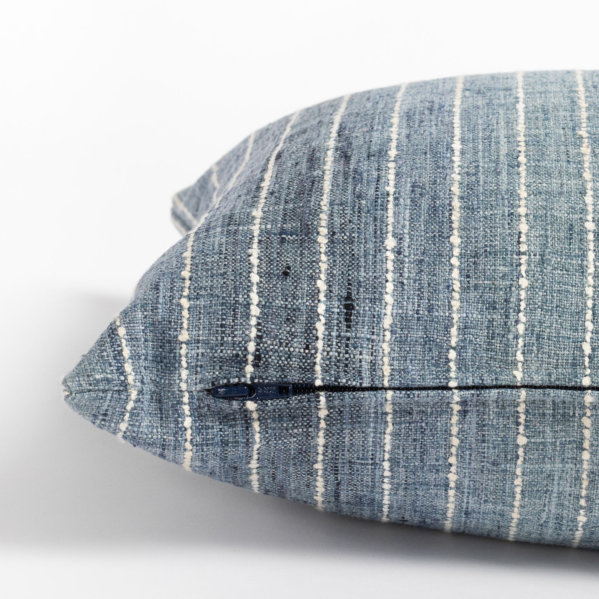 Hyden 14x20 lumbar pillow lake blue, an ombre blue stripe lumbar pillow : close up zipper side