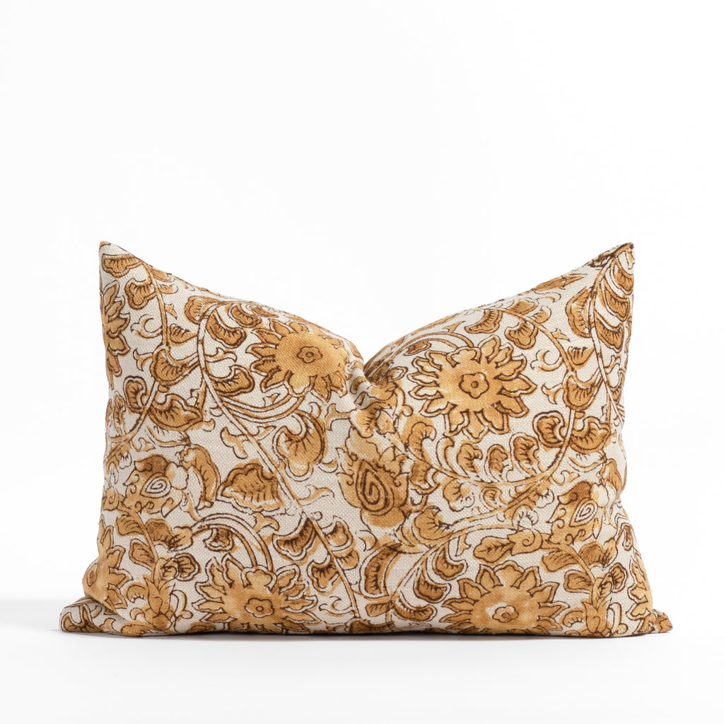 inez  gold, ochre and brown floral print lumbar pillow from Tonic Living