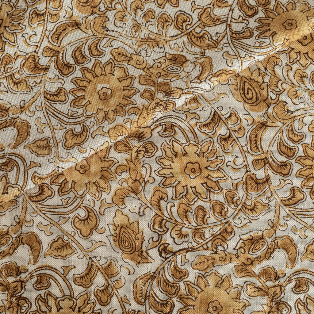 Inez Gold earth toned swirling vine and floral block print pattern home decor fabric from Tonic Living