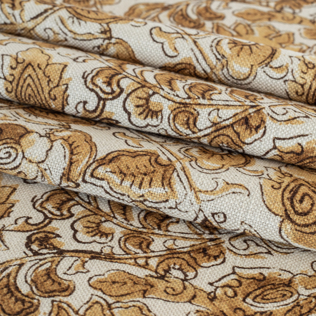 golden earth toned swirling vine and floral block print pattern home decor fabric