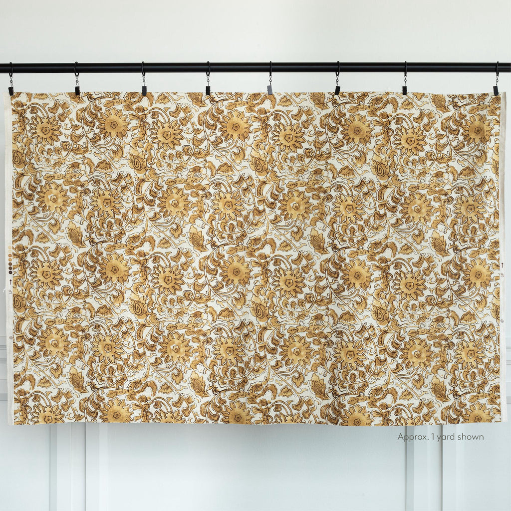 Inez Gold earth toned swirling vine and floral block print pattern home decor fabric : one yard