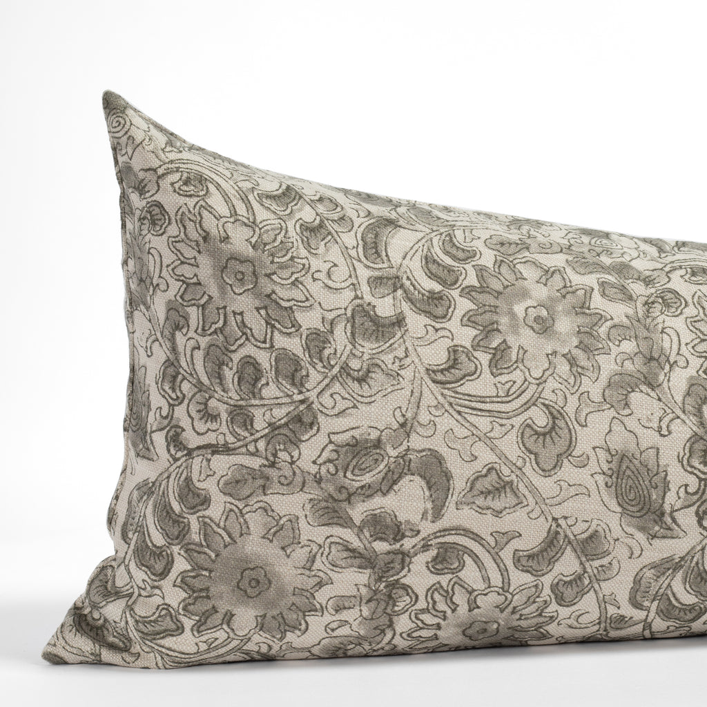a gray swirling floral vine print bed bolster pillow