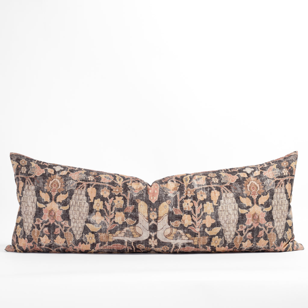 Kalida bed bolster pillow, a faded black and earth toned floral vintage tapestry print pillow from Tonic Living