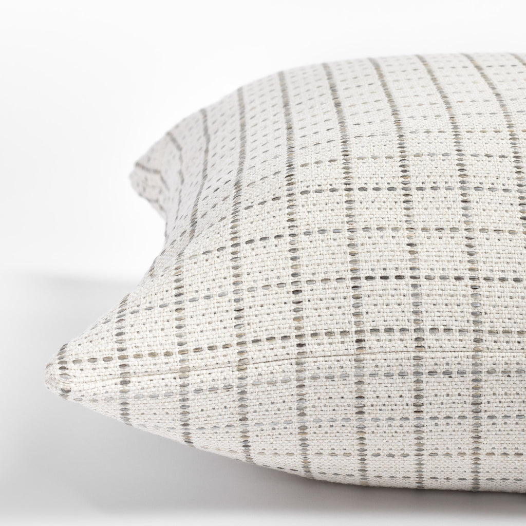 Keely Check Birch, a cream and greige windowpane check pillow : close up side view