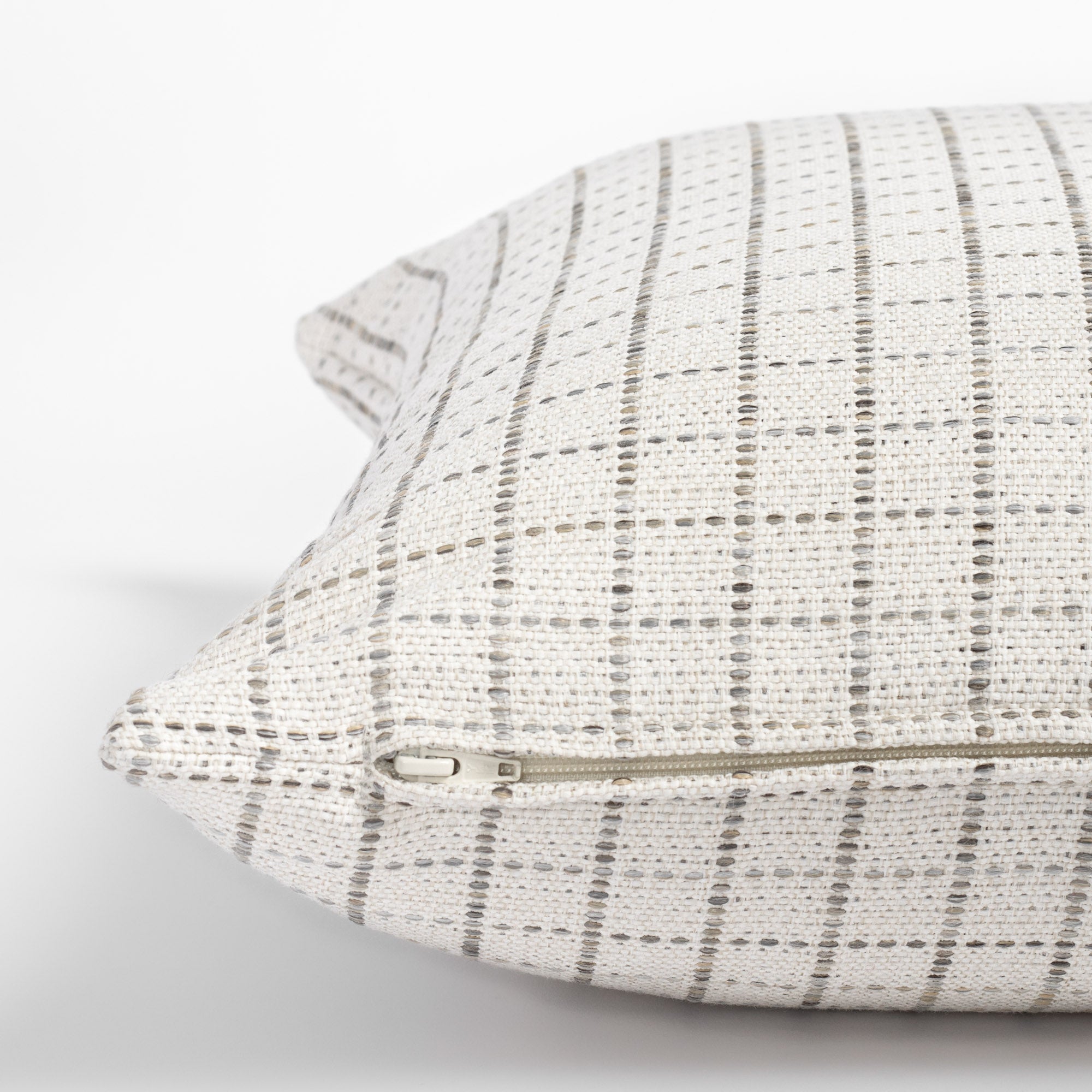 Keely Check Birch, a cream and greige windowpane check pillow : zipper detail