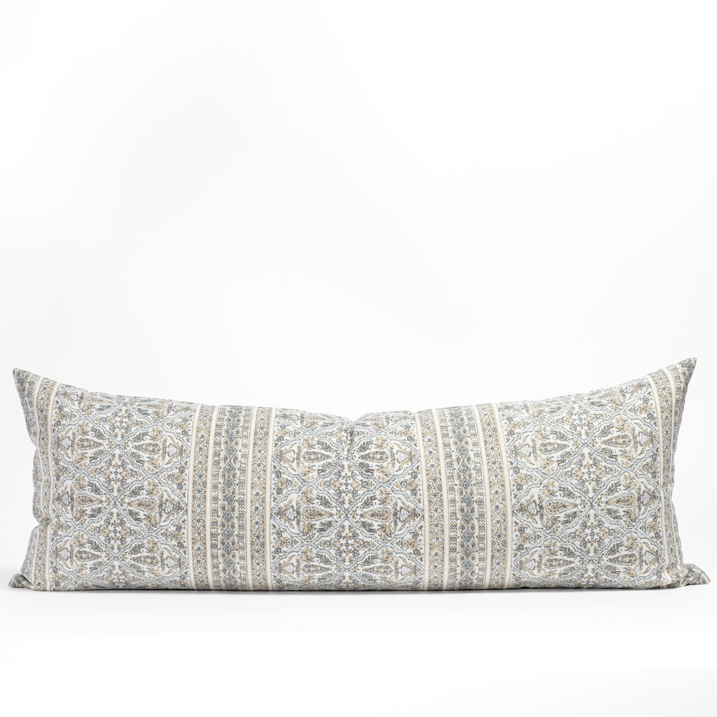Lasha Natural, a tan and light blue-gray motif intricate block print bed bolster pillow from Tonic Living
