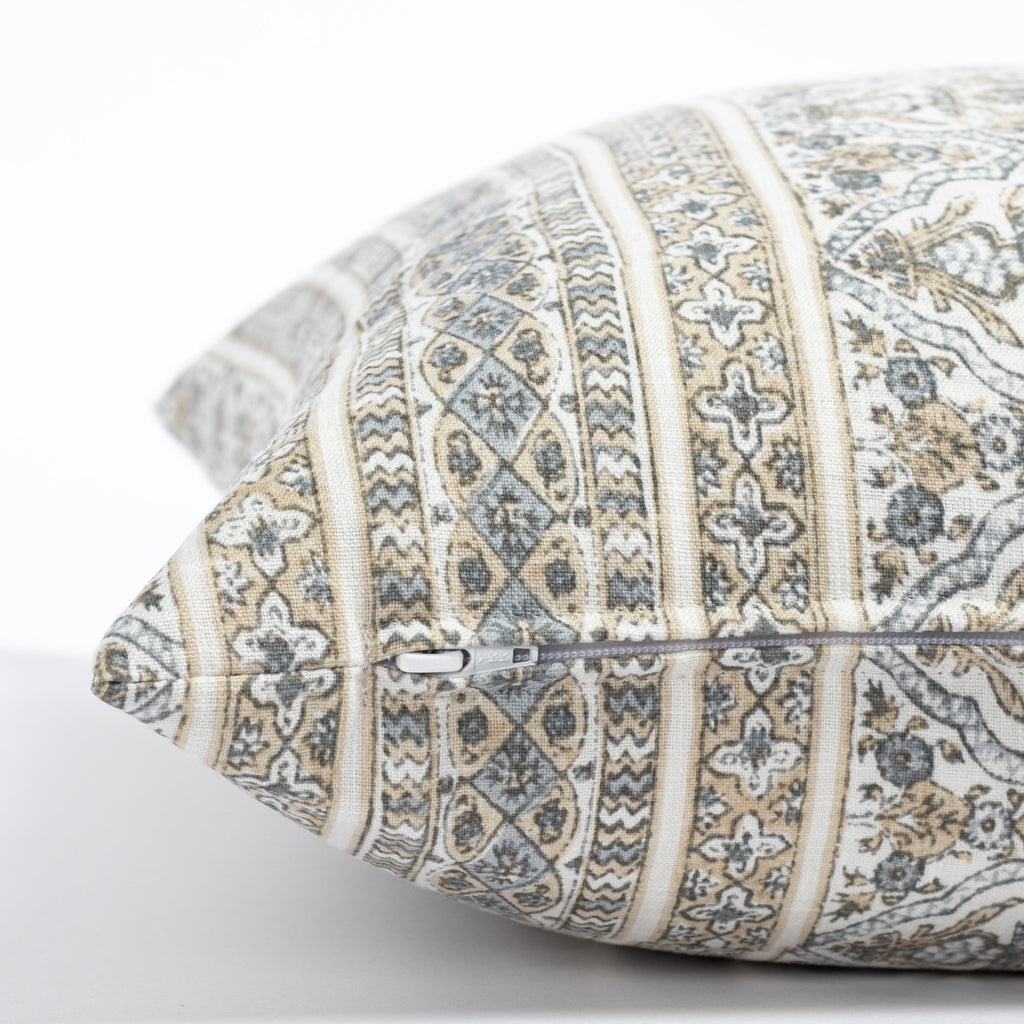 Lasha, a tan and light blue-gray block print throw pillow : zipper detail