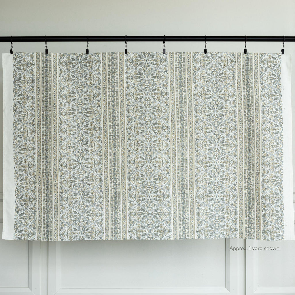 Lasha natural, a tan and blue gray ribbon tapestry block print fabric : one yard