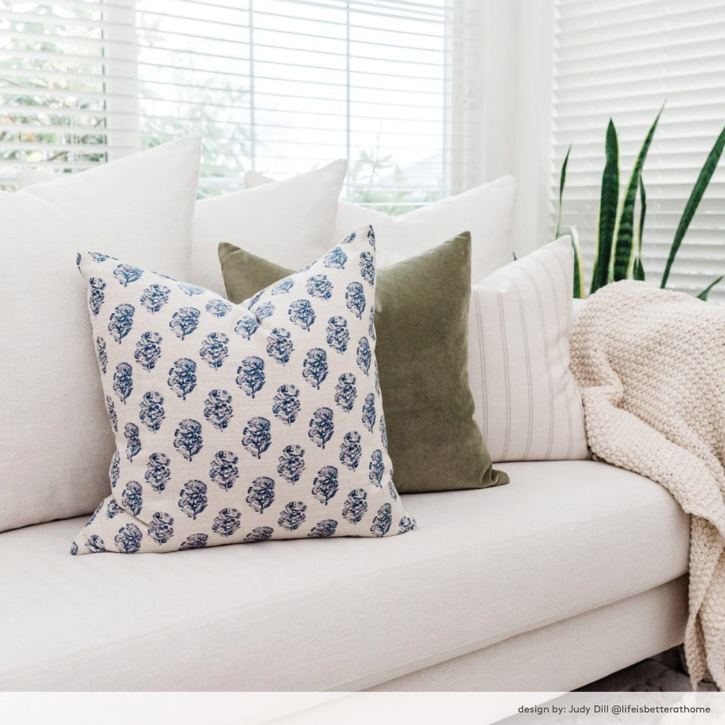 Decorative pillows from Tonic Living : Zola Indigo block print, Mason velvet bay leaf green, farina stripe cream and grey